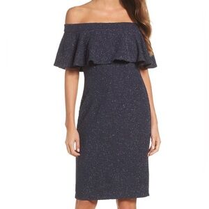 Eliza J Glitter Knit Ruffle Off The Shoulder Dress